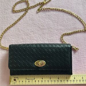 Elegant Black Woven Clutch with Gold Chain